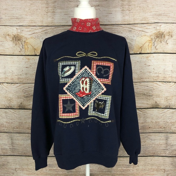 Vintage Western Navy Blue Turtle Neck Sweatshirt - Picture 1 of 7